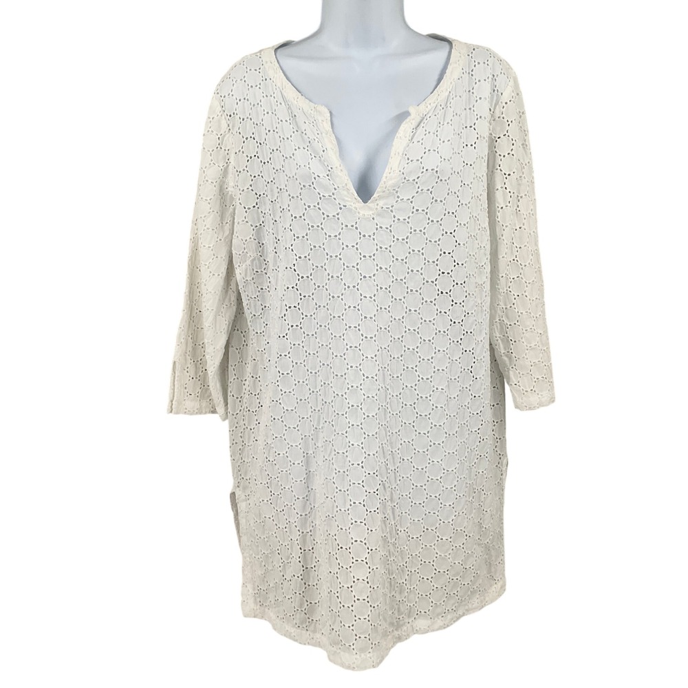 Talbots Top Women M White Eyelet Boho Coastal Classic V-Neck 3/4 Sleeve Cottage